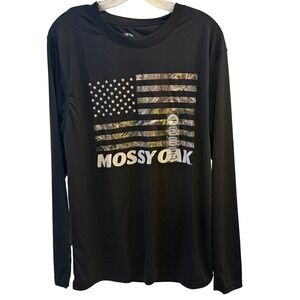 Mossy Oak Mens Long Sleeve T Shirt American Flag Camo Graphic Tee Black Large